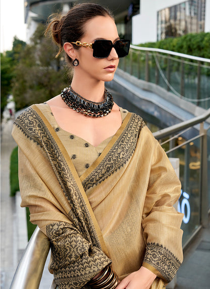 Beige Tissue Silk Printed Work Occasional Wear Saree SW496189
