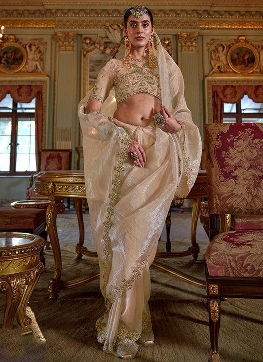Beige Tissue Silk Thread Work Occasional Wear Saree SW643569
