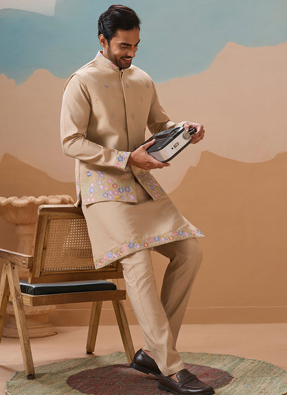 Viscose Silk Beige Festival Wear Embroidery Work Readymade Modi Jacket Kurta Pajama 385583