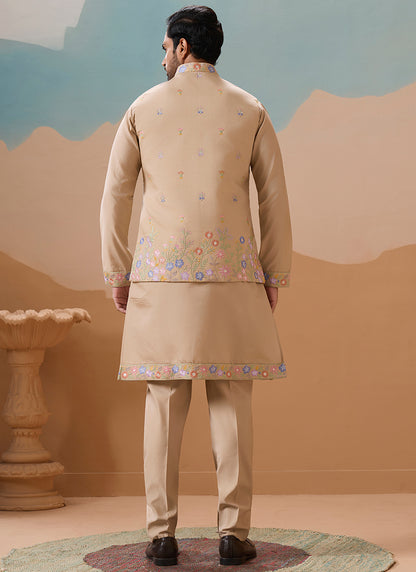 Viscose Silk Beige Festival Wear Embroidery Work Readymade Modi Jacket Kurta Pajama 385583