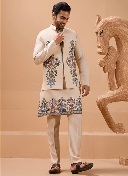 386668 Viscose Silk Beige Festival Wear Sequin Embroidery Work Readymade Modi Jacket Kurta Pajama
