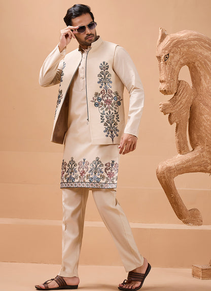 386668 Viscose Silk Beige Festival Wear Sequin Embroidery Work Readymade Modi Jacket Kurta Pajama