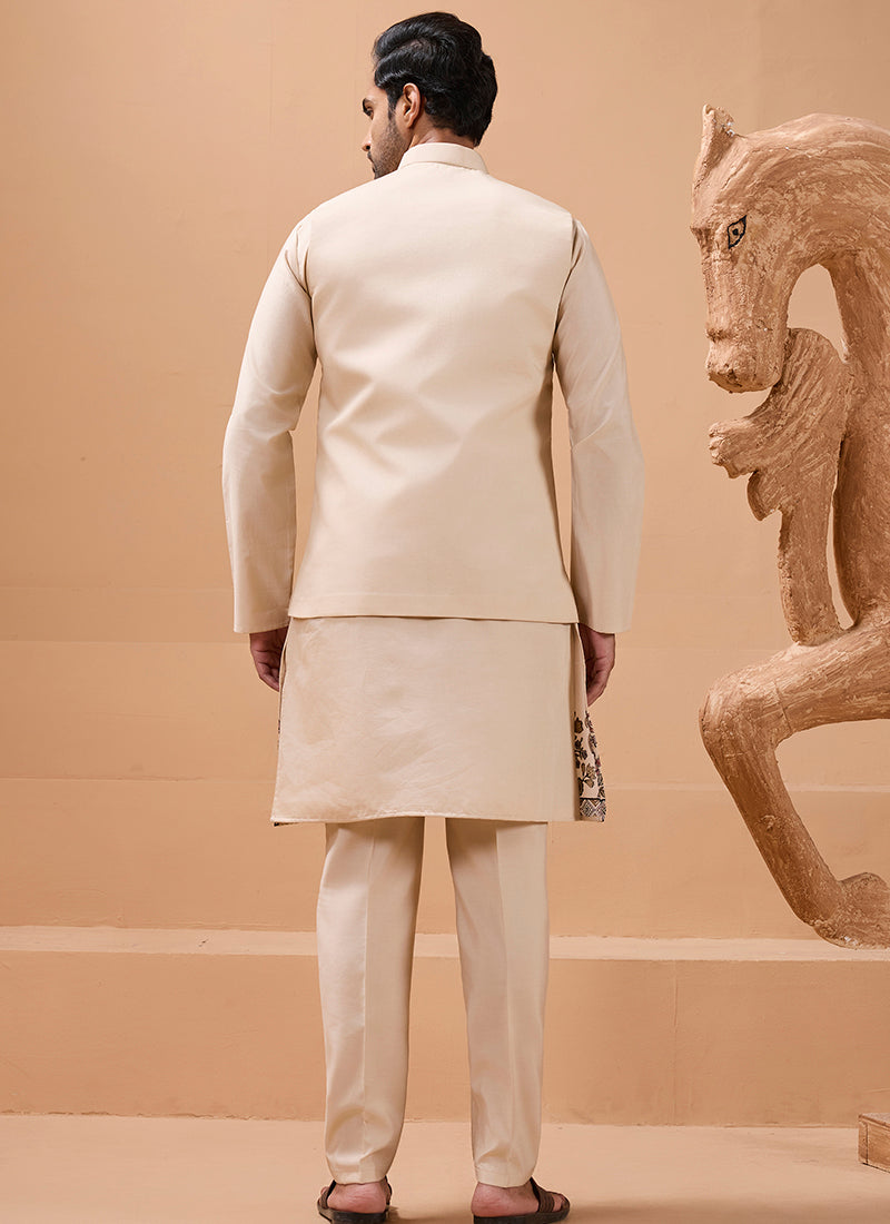 386668 Viscose Silk Beige Festival Wear Sequin Embroidery Work Readymade Modi Jacket Kurta Pajama