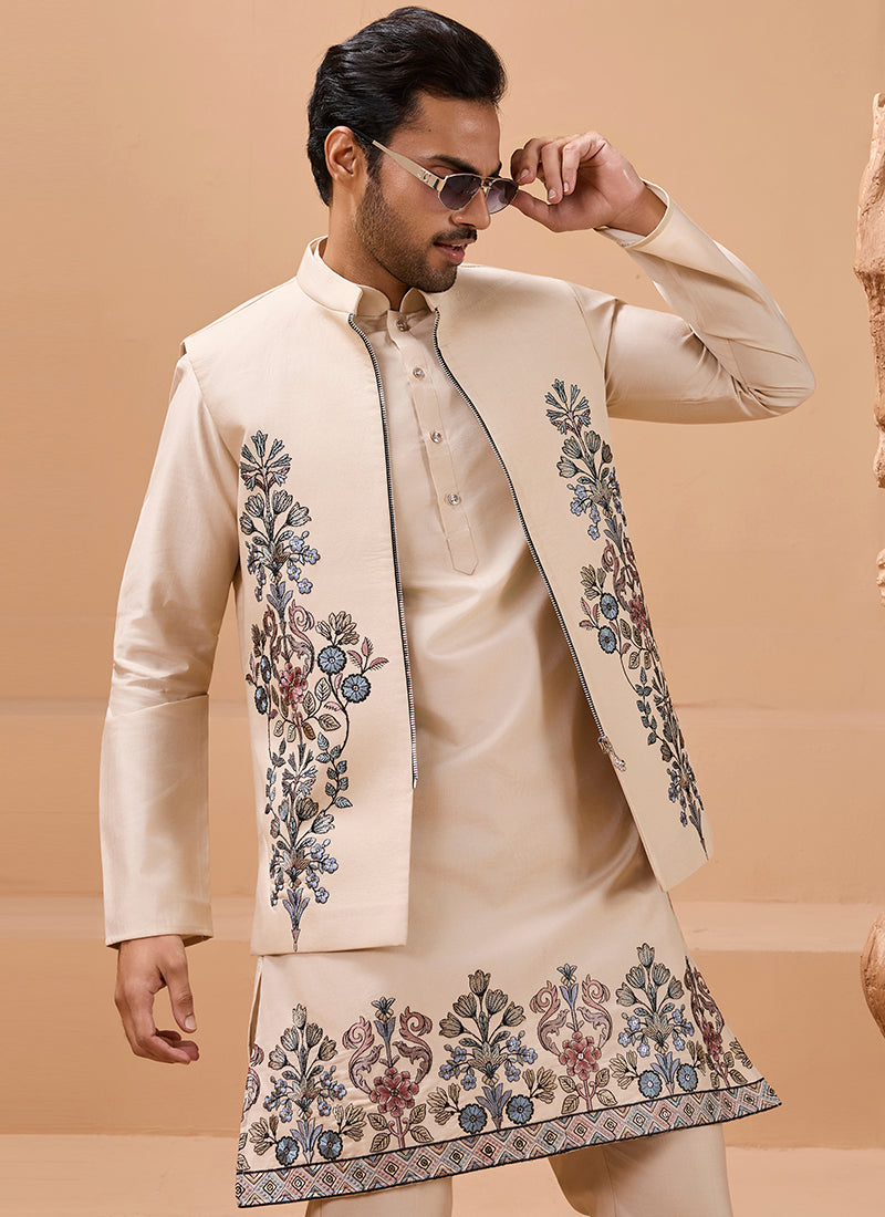 386668 Viscose Silk Beige Festival Wear Sequin Embroidery Work Readymade Modi Jacket Kurta Pajama
