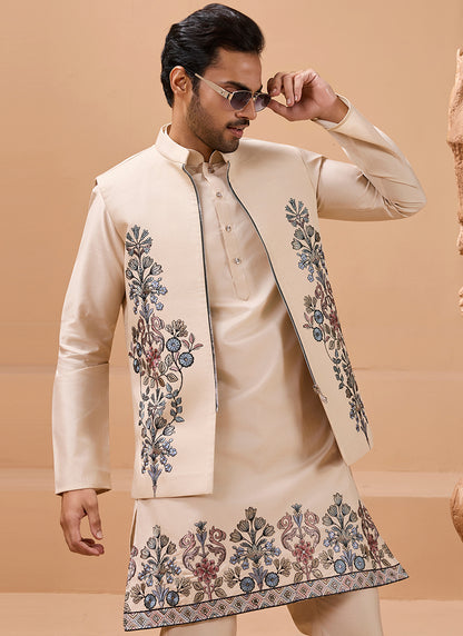 386668 Viscose Silk Beige Festival Wear Sequin Embroidery Work Readymade Modi Jacket Kurta Pajama