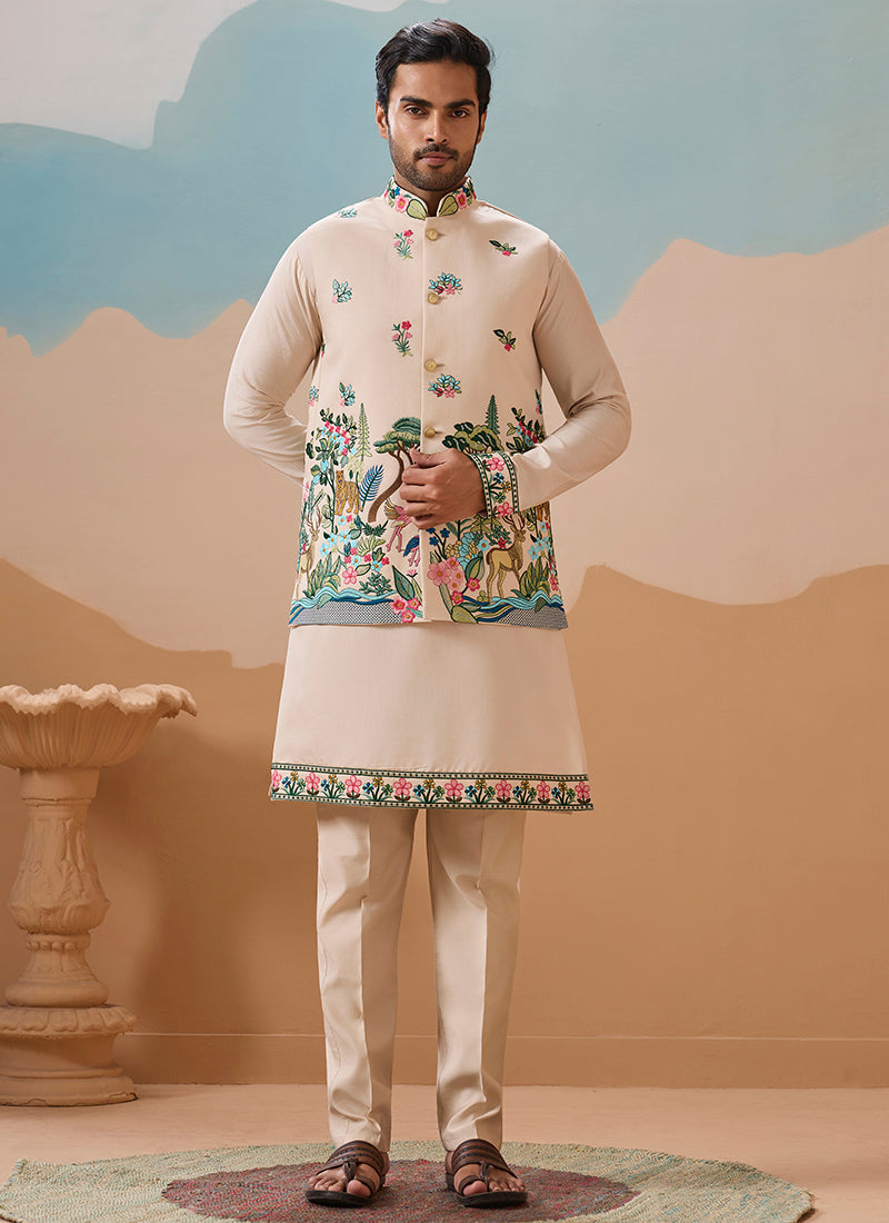 Viscose Silk Beige Festival Wear Sequins Embroidery Work Readymade Modi Jacket Kurta Pajama 388289