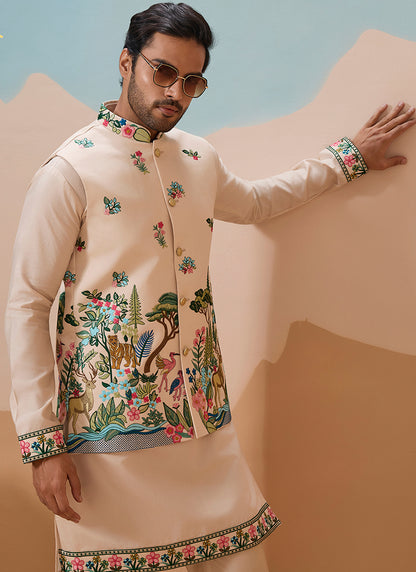 Viscose Silk Beige Festival Wear Sequins Embroidery Work Readymade Modi Jacket Kurta Pajama 388289