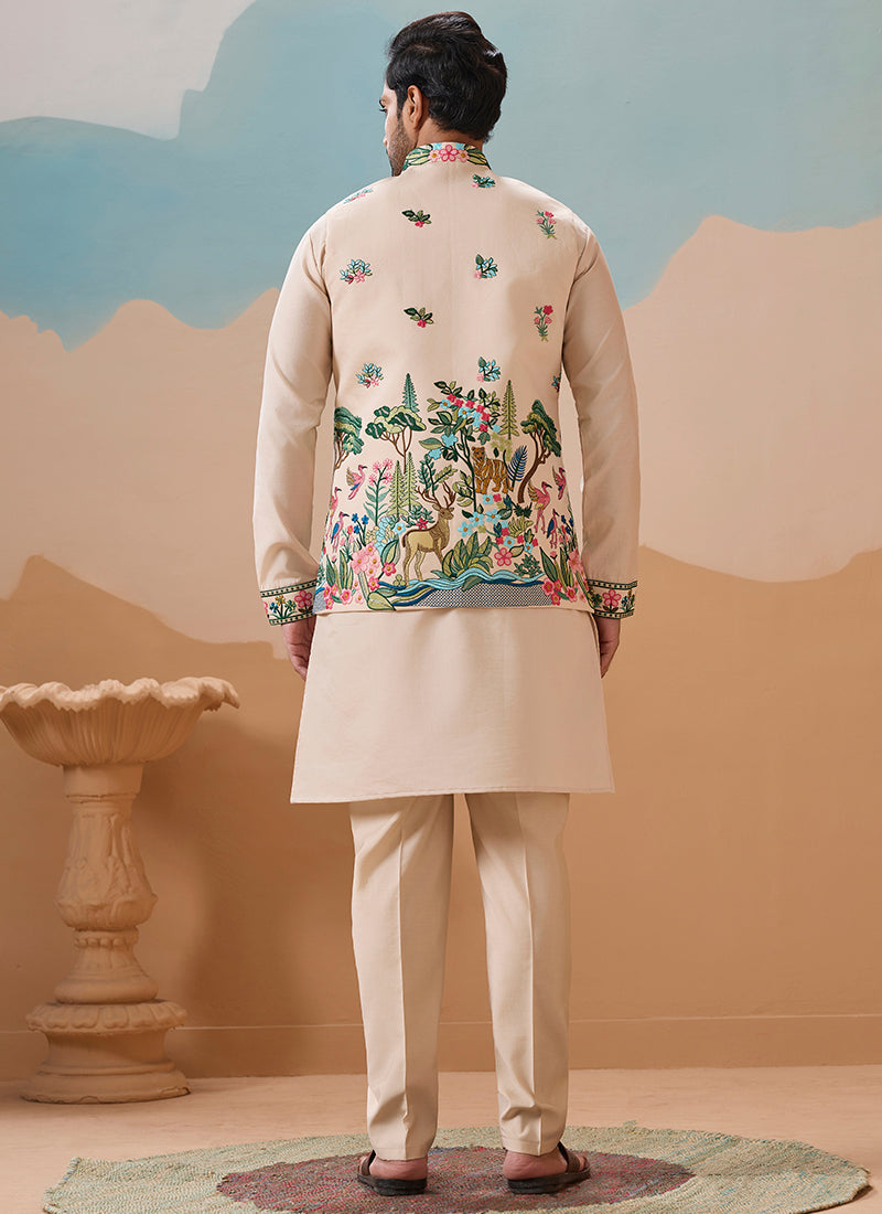 Viscose Silk Beige Festival Wear Sequins Embroidery Work Readymade Modi Jacket Kurta Pajama 388289