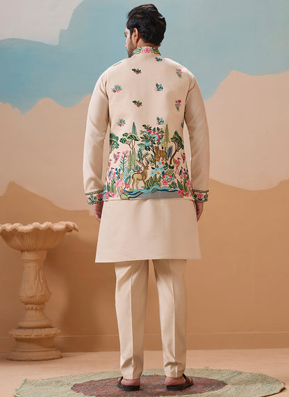 Viscose Silk Beige Festival Wear Sequins Embroidery Work Readymade Modi Jacket Kurta Pajama 388289