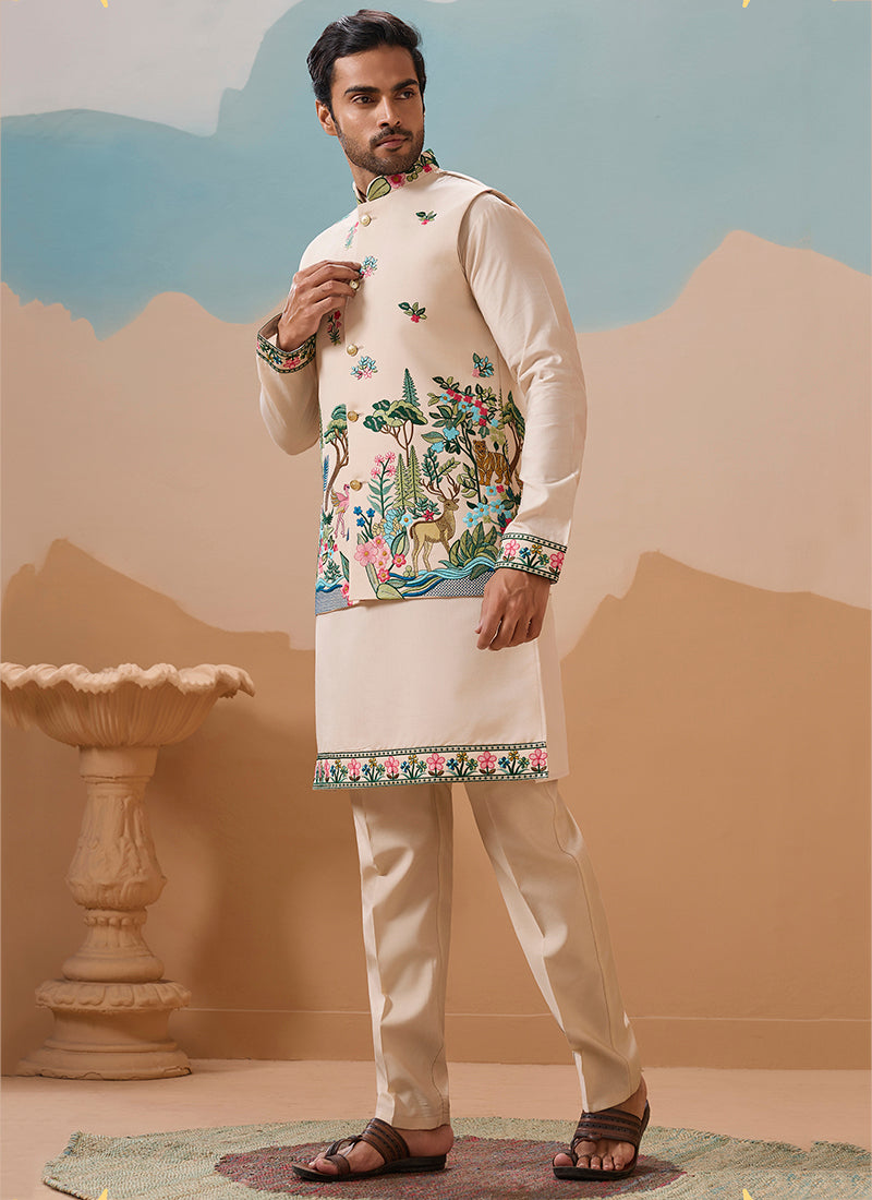 Viscose Silk Beige Festival Wear Sequins Embroidery Work Readymade Modi Jacket Kurta Pajama 388289