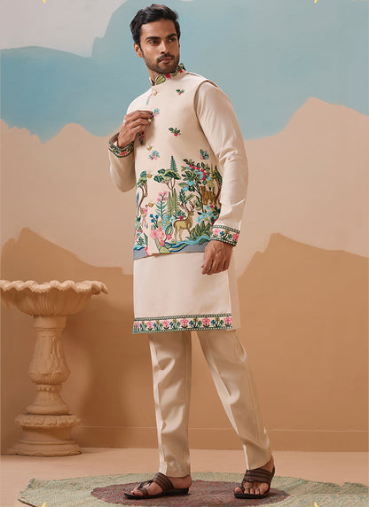 Viscose Silk Beige Festival Wear Sequins Embroidery Work Readymade Modi Jacket Kurta Pajama 388289