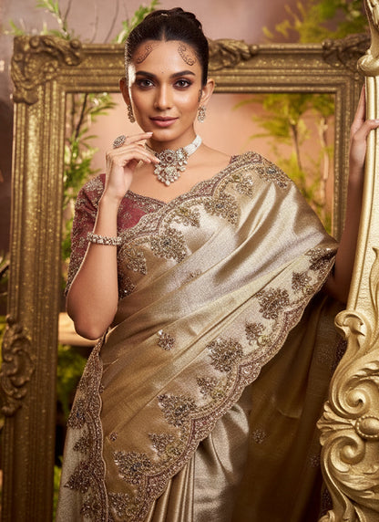Viscose Silk Beige Wedding Wear Weaving Work Wedding Saree 388732