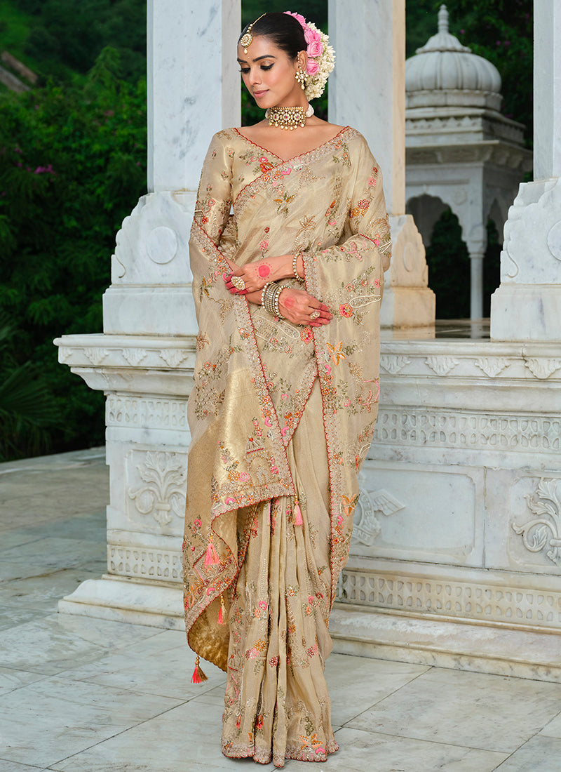 Zari Silk Beige Wedding Wear Embroidery Khatil Work Wedding Saree 388431