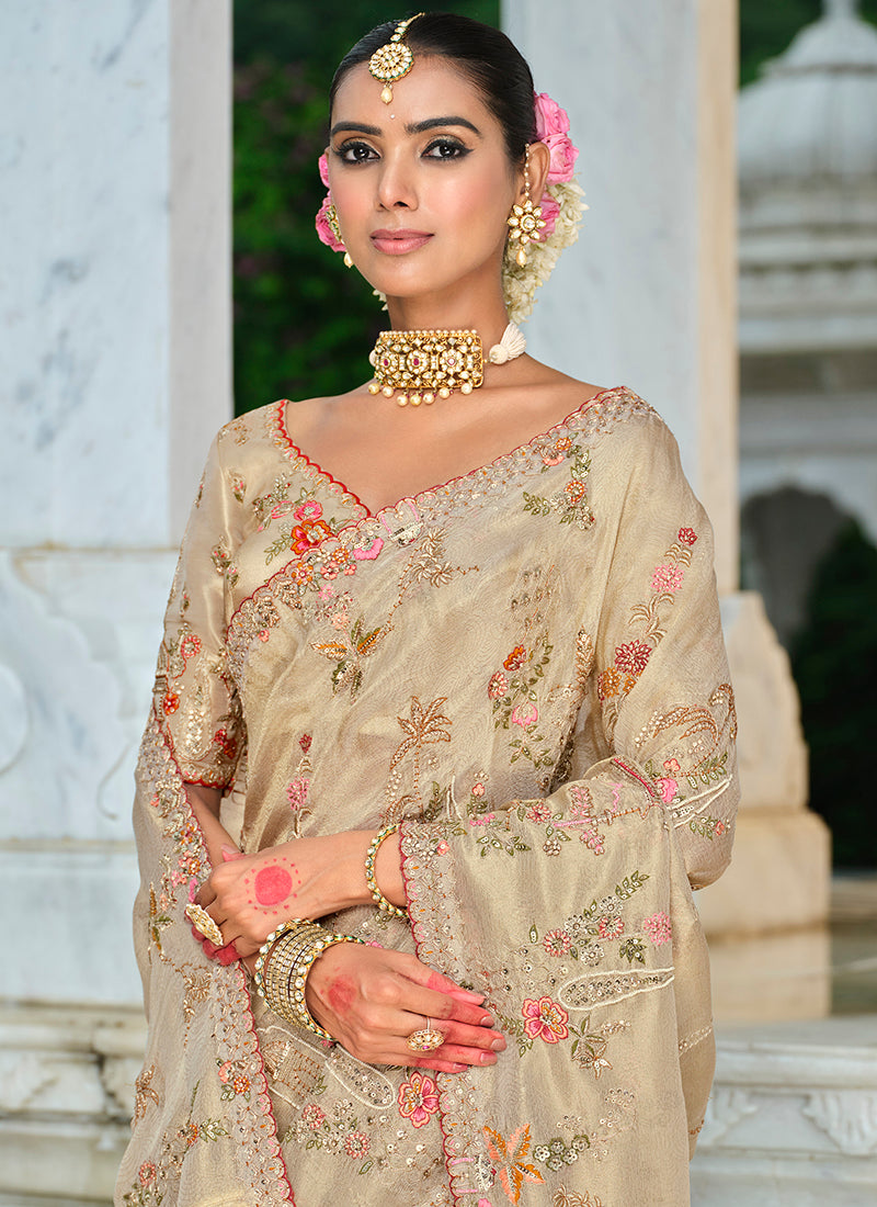 Zari Silk Beige Wedding Wear Embroidery Khatil Work Wedding Saree 388431