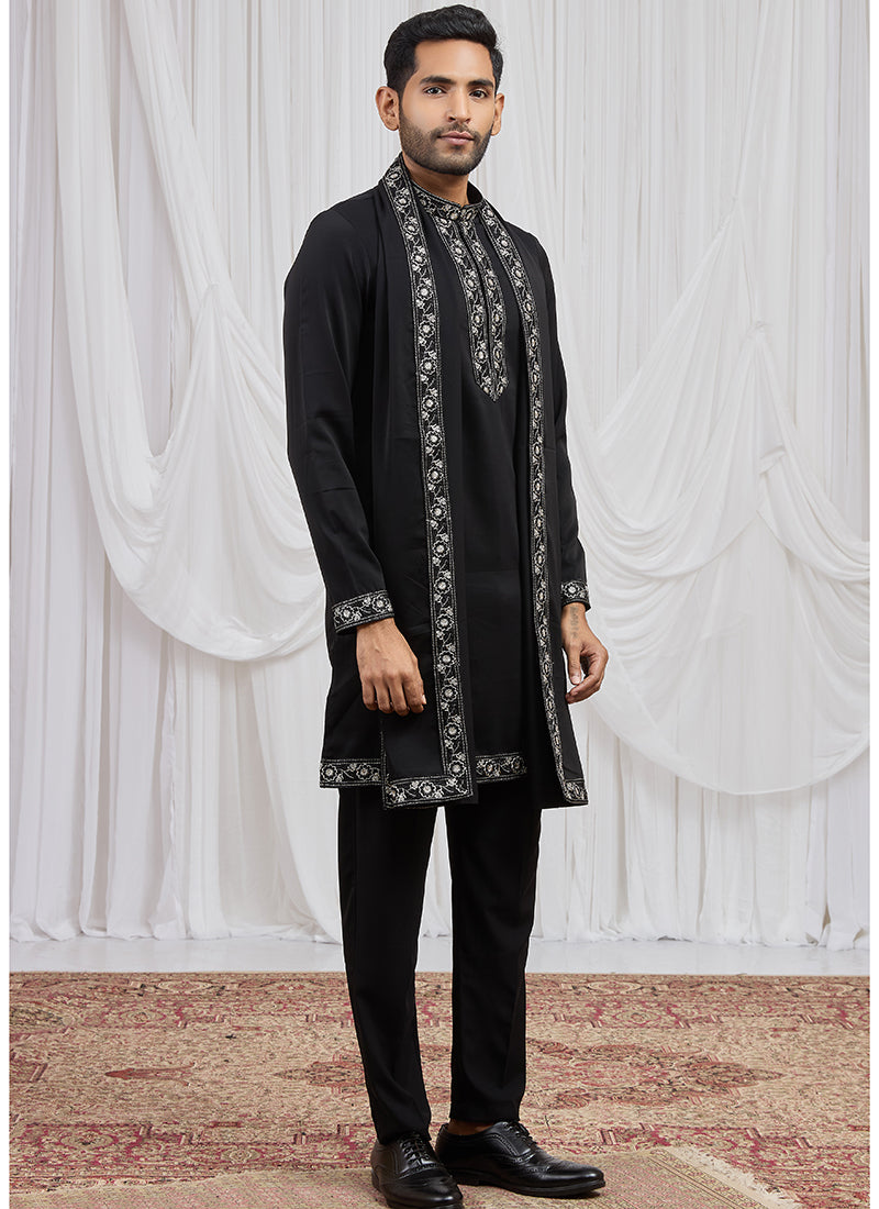 Black Armani  Hand Work Occasional Wear Readymade Kurta Pajama SW548398
