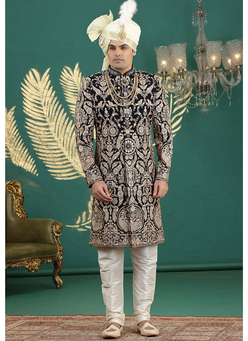 Art Silk Black Groom Wear Thread Work Readymade Groom Sherwani 385478