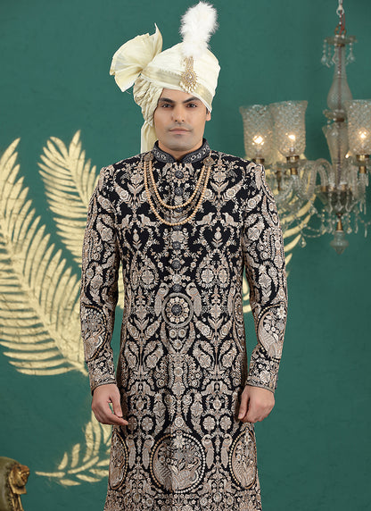 Art Silk Black Groom Wear Thread Work Readymade Groom Sherwani 385478