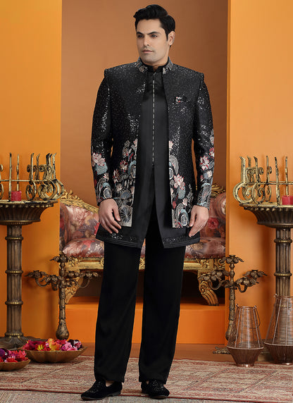 Art Silk Black Party Wear Computer Thread Work Readymade IndoWestern Sherwani 387372