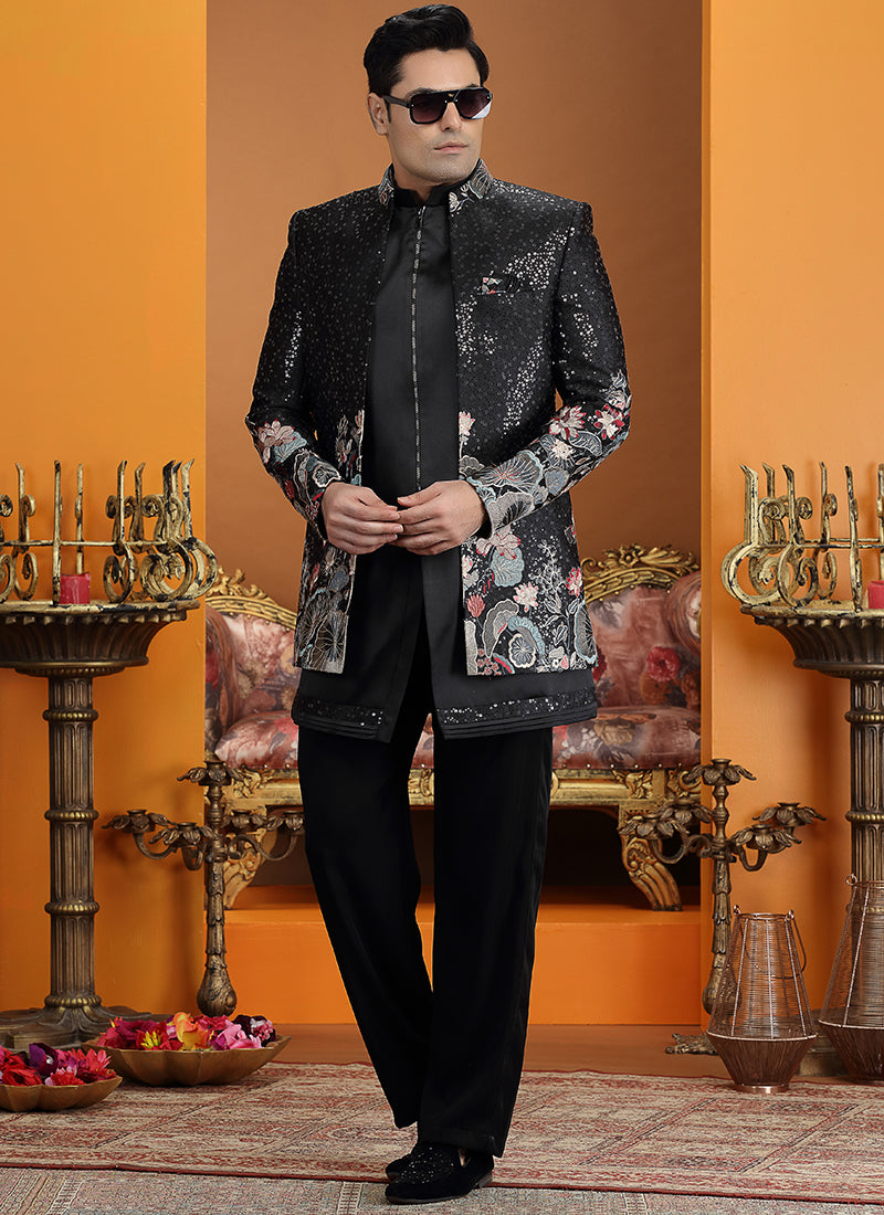 Art Silk Black Party Wear Computer Thread Work Readymade IndoWestern Sherwani 387372