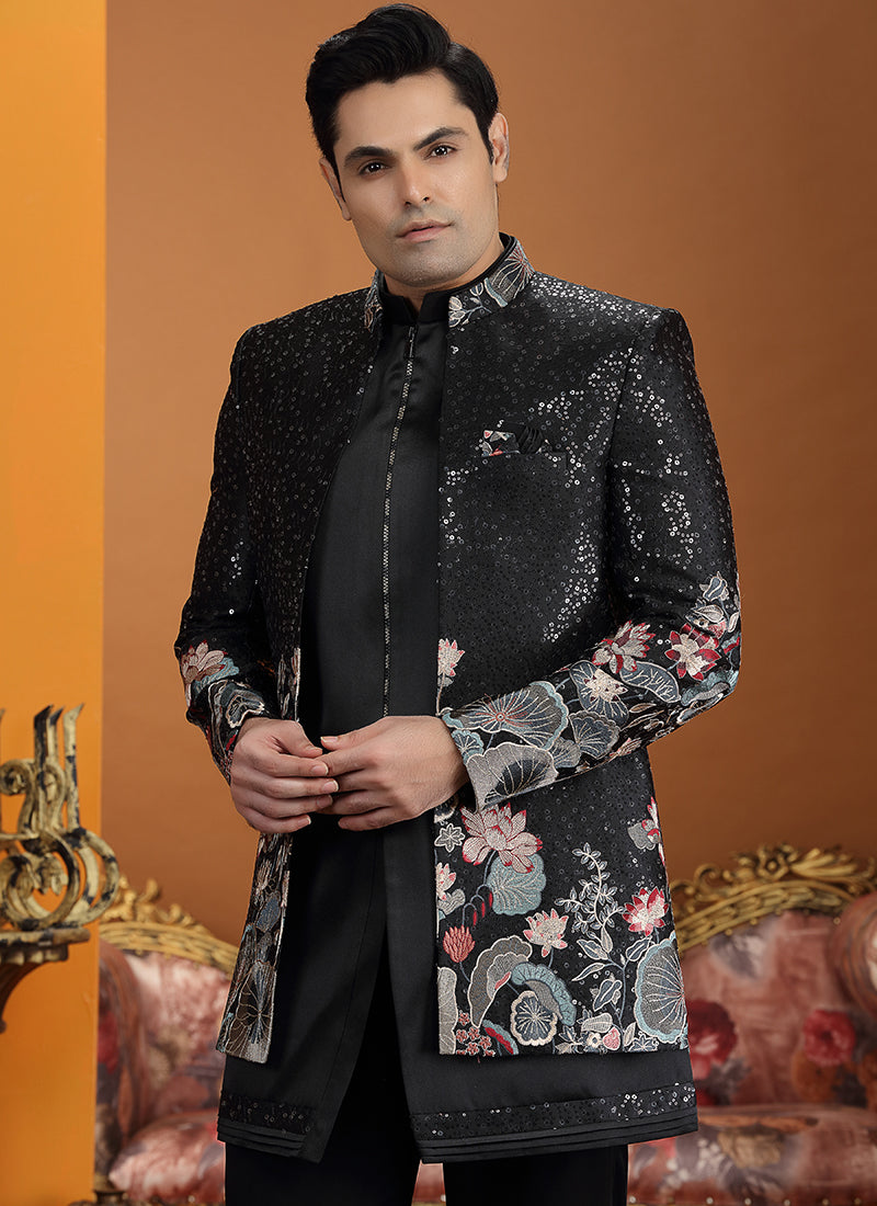 Art Silk Black Party Wear Computer Thread Work Readymade IndoWestern Sherwani 387372
