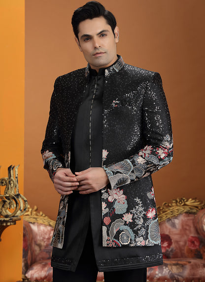 Art Silk Black Party Wear Computer Thread Work Readymade IndoWestern Sherwani 387372