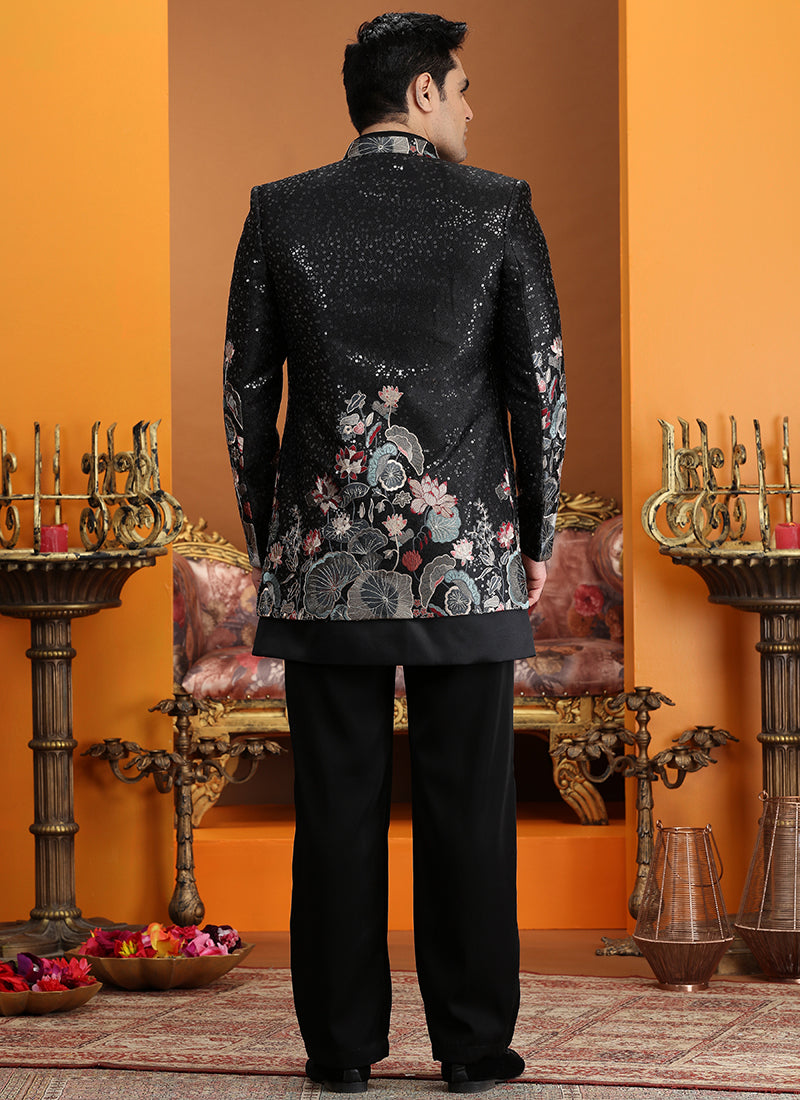 Art Silk Black Party Wear Computer Thread Work Readymade IndoWestern Sherwani 387372