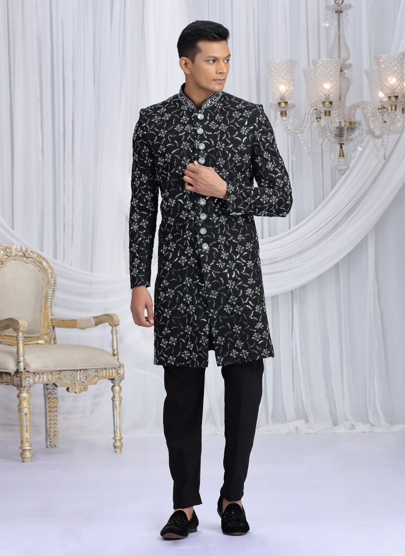 Art Silk Black Wedding Wear Computer Thread Work Readymade Indo Western Sherwani 386022