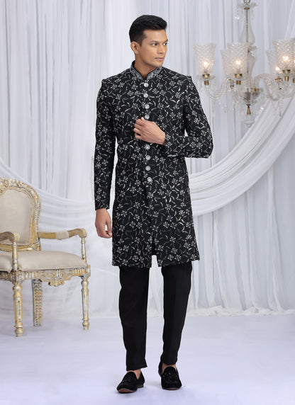 Art Silk Black Wedding Wear Computer Thread Work Readymade Indo Western Sherwani 386022