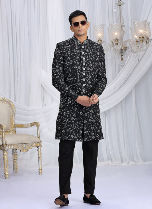 Art Silk Black Wedding Wear Computer Thread Work Readymade Indo Western Sherwani 386022