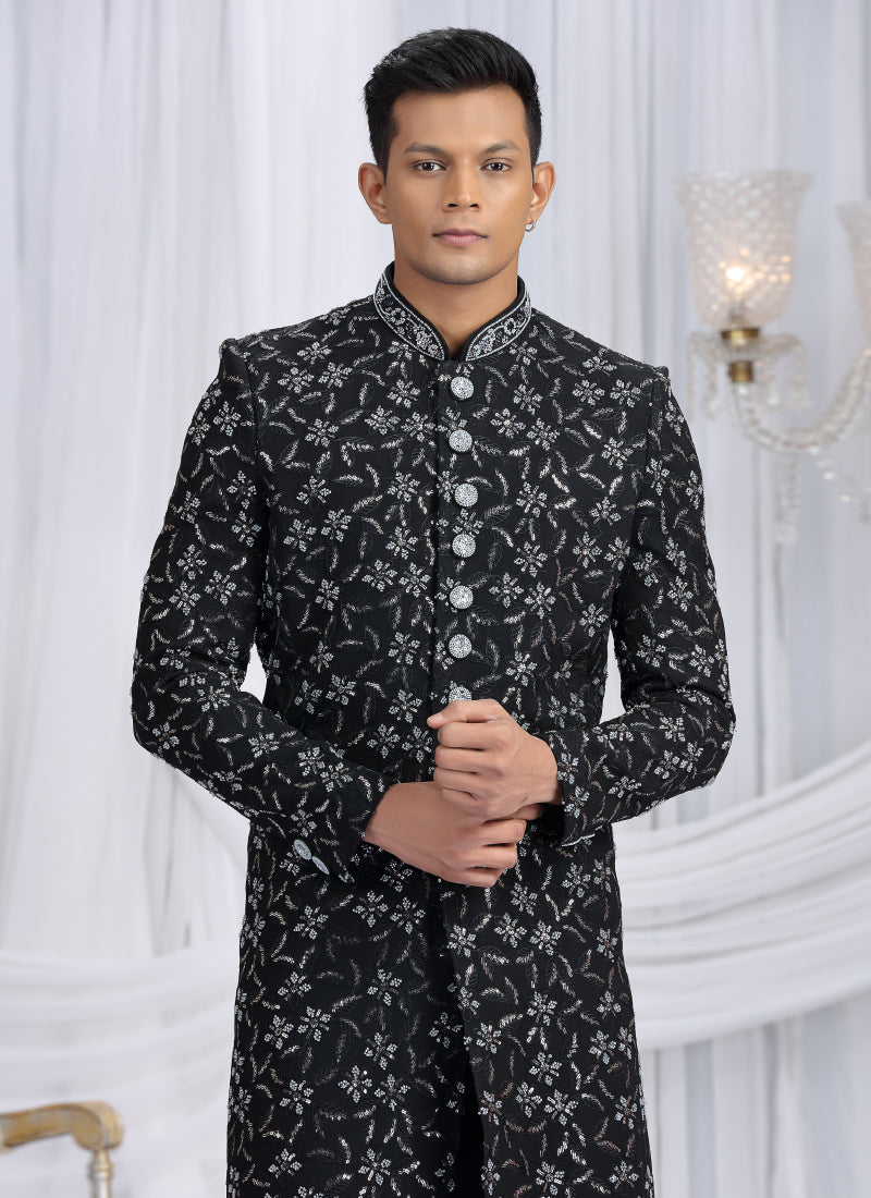 Art Silk Black Wedding Wear Computer Thread Work Readymade Indo Western Sherwani 386022