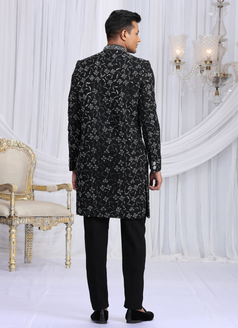 Art Silk Black Wedding Wear Computer Thread Work Readymade Indo Western Sherwani 386022