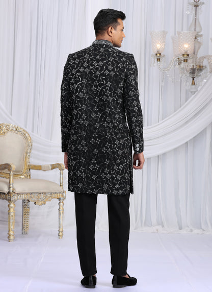 Art Silk Black Wedding Wear Computer Thread Work Readymade Indo Western Sherwani 386022