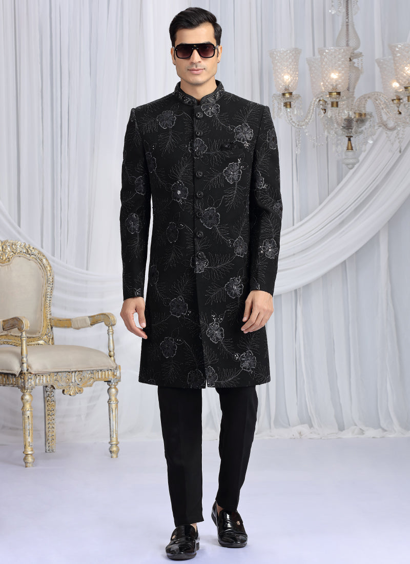 Art Silk Black Wedding Wear Computer Thread Work Readymade Indo Western Sherwani 386024