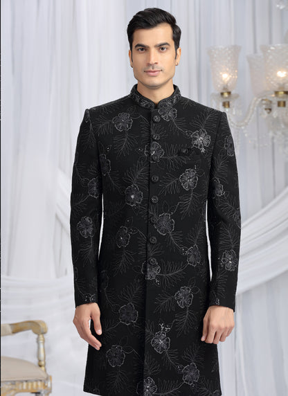 Art Silk Black Wedding Wear Computer Thread Work Readymade Indo Western Sherwani 386024