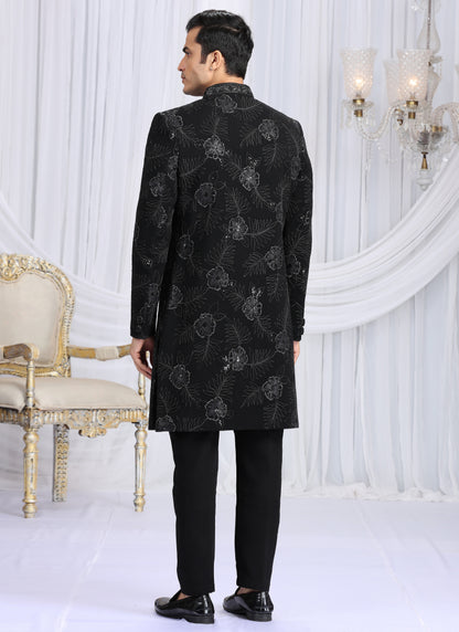 Art Silk Black Wedding Wear Computer Thread Work Readymade Indo Western Sherwani 386024