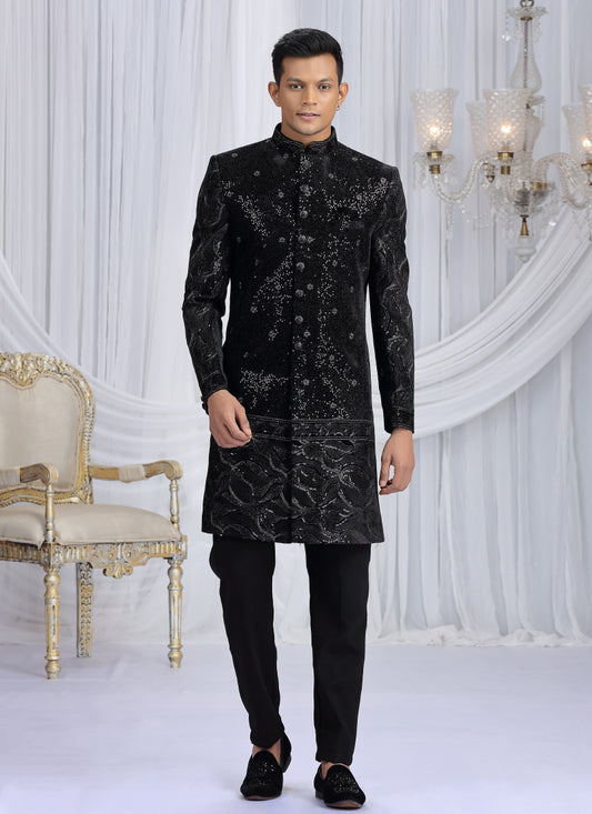Art Silk Black Wedding Wear Computer Thread Work Readymade Indo Western Sherwani 386025