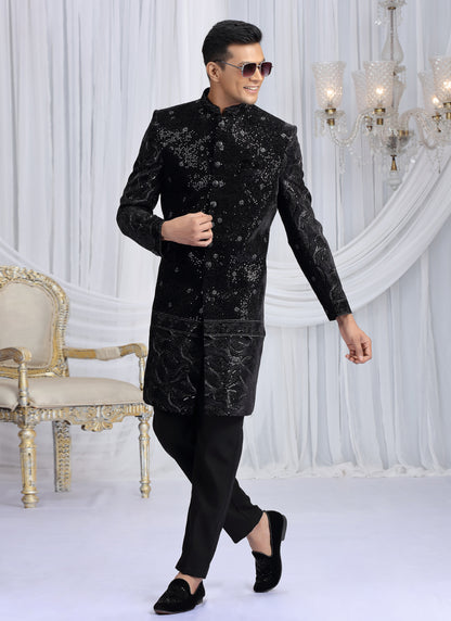Art Silk Black Wedding Wear Computer Thread Work Readymade Indo Western Sherwani 386025