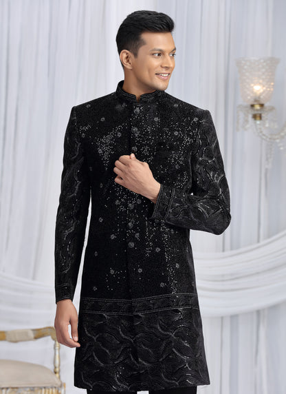 Art Silk Black Wedding Wear Computer Thread Work Readymade Indo Western Sherwani 386025