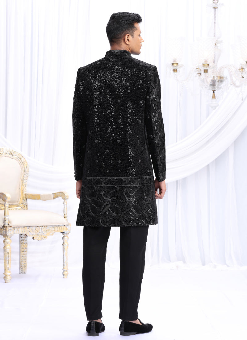 Art Silk Black Wedding Wear Computer Thread Work Readymade Indo Western Sherwani 386025