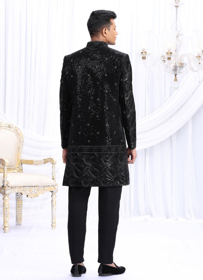 Art Silk Black Wedding Wear Computer Thread Work Readymade Indo Western Sherwani 386025