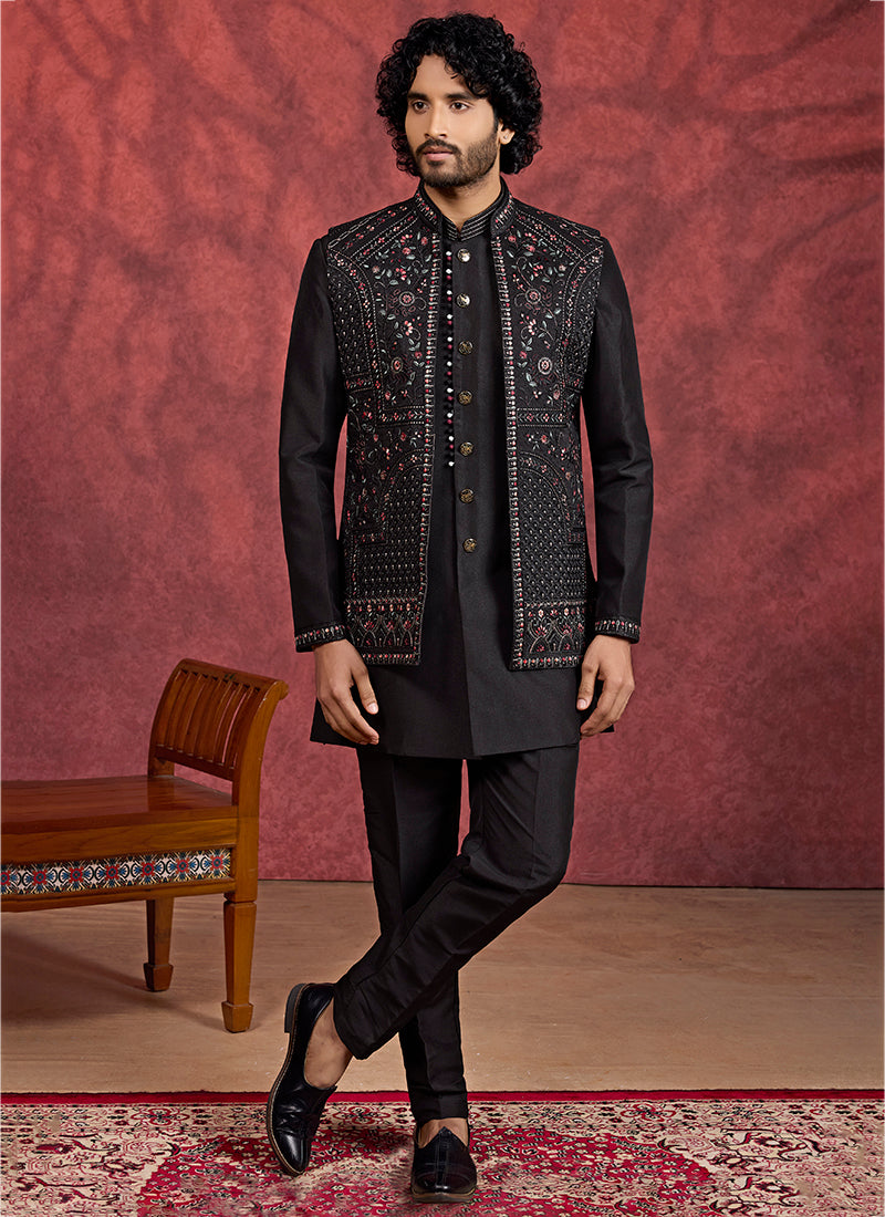 Art Silk Black Wedding Wear Embroidery Work Readymade IndoWestern Sherwani 387383