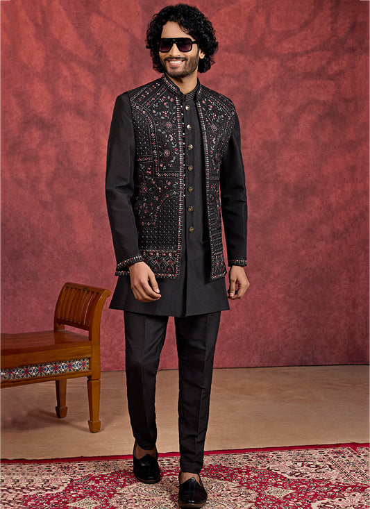 Art Silk Black Wedding Wear Embroidery Work Readymade IndoWestern Sherwani 387383
