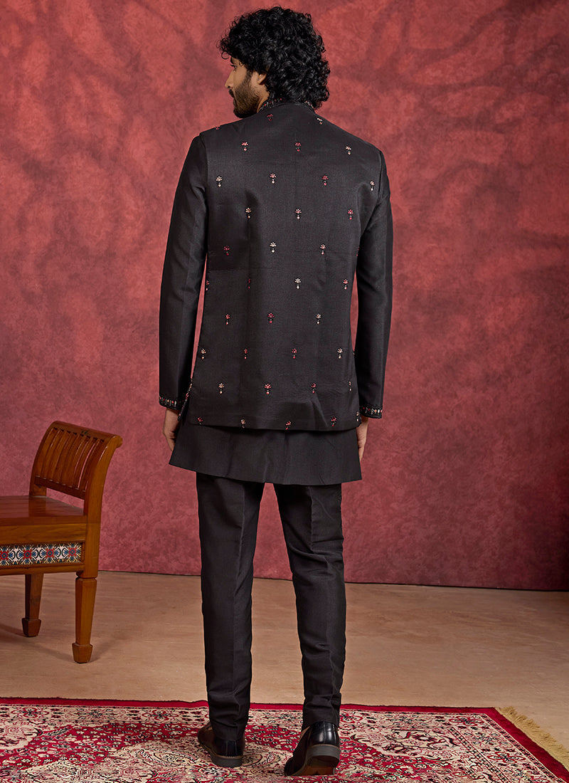 Art Silk Black Wedding Wear Embroidery Work Readymade IndoWestern Sherwani 387383