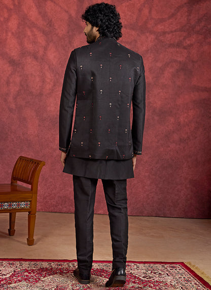 Art Silk Black Wedding Wear Embroidery Work Readymade IndoWestern Sherwani 387383
