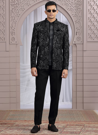 Art Silk Black Wedding Wear Pattern Pc Work Readymade Indo Western 385499