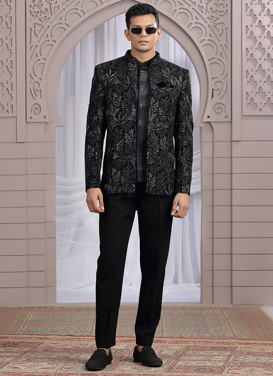 Art Silk Black Wedding Wear Pattern Pc Work Readymade Indo Western 385499