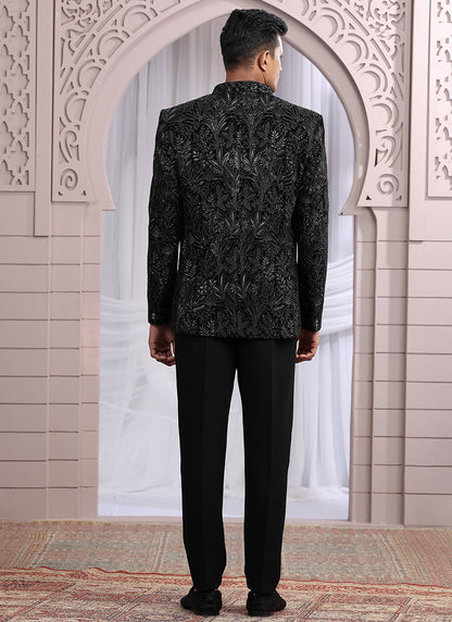 Art Silk Black Wedding Wear Pattern Pc Work Readymade Indo Western 385499