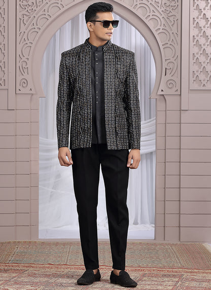 Art Silk Black Wedding Wear Pattern Pc Work Readymade Indo Western 385501