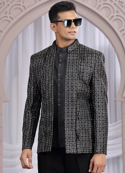 Art Silk Black Wedding Wear Pattern Pc Work Readymade Indo Western 385501