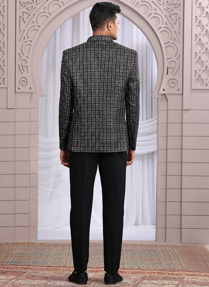 Art Silk Black Wedding Wear Pattern Pc Work Readymade Indo Western 385501